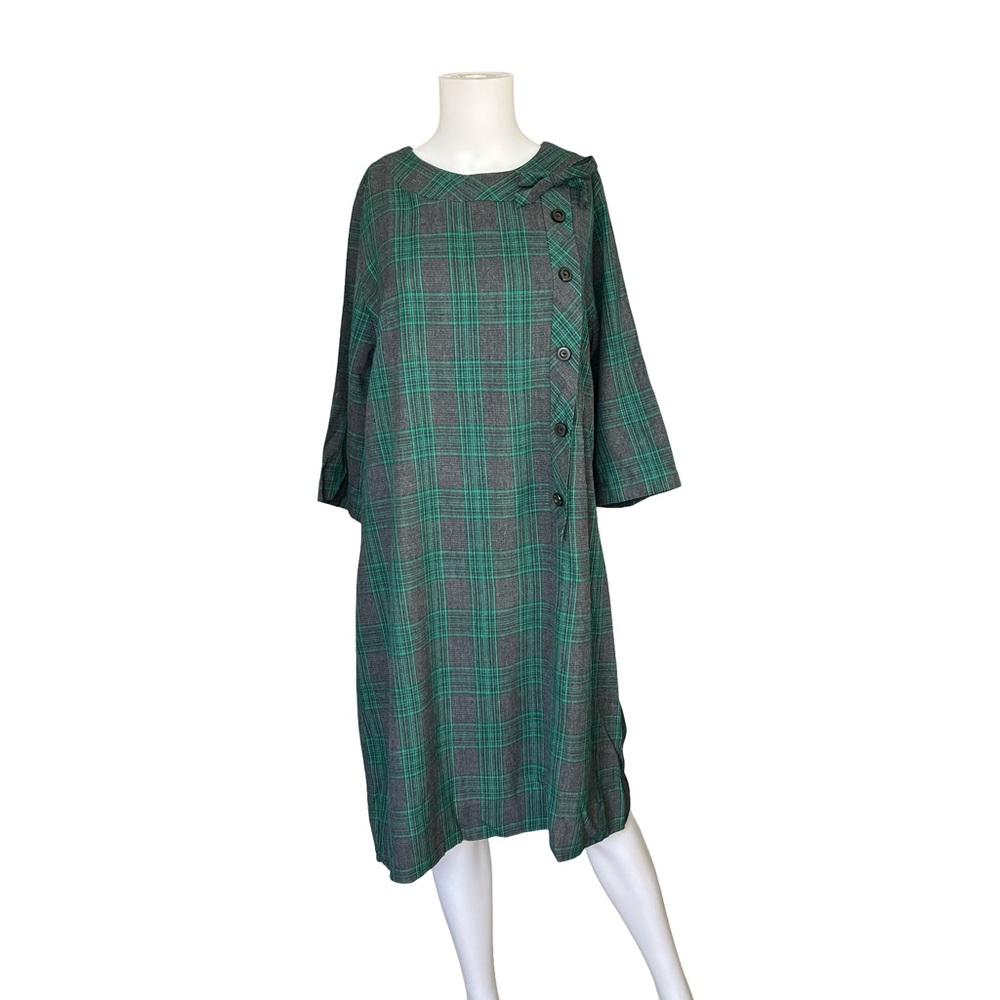 Vintage 60s Gray and Green Plaid Shift Dress Classic